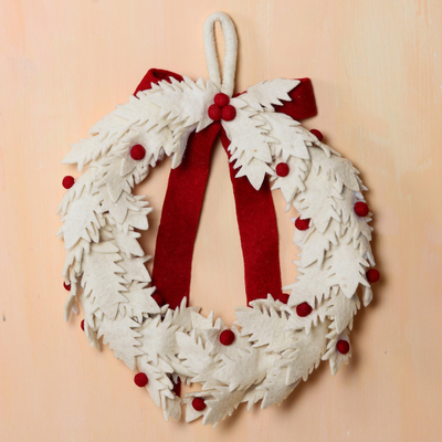 Corona de Navidad de lana, 'Esencia de Navidad' - Corona de Navidad de lana de marfil hecha a mano