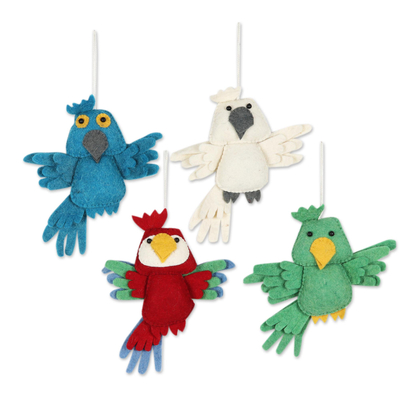 Wool felt ornaments, 'Feathered Friends' (set of 4) - Set of 4 Wool Felt Bird Ornaments
