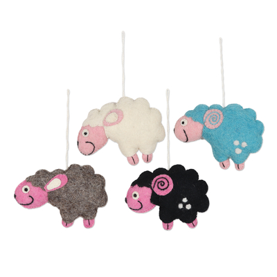 Wool felt ornaments, 'Counting Sheep' (set of 4) - Set of 4 Wool Felt Sheep Holiday Ornaments