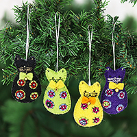 Wool felt ornaments, 'Crafty Cats' (set of 4) - Set of 4 Colorful Cat Wool Felt Holiday Ornaments