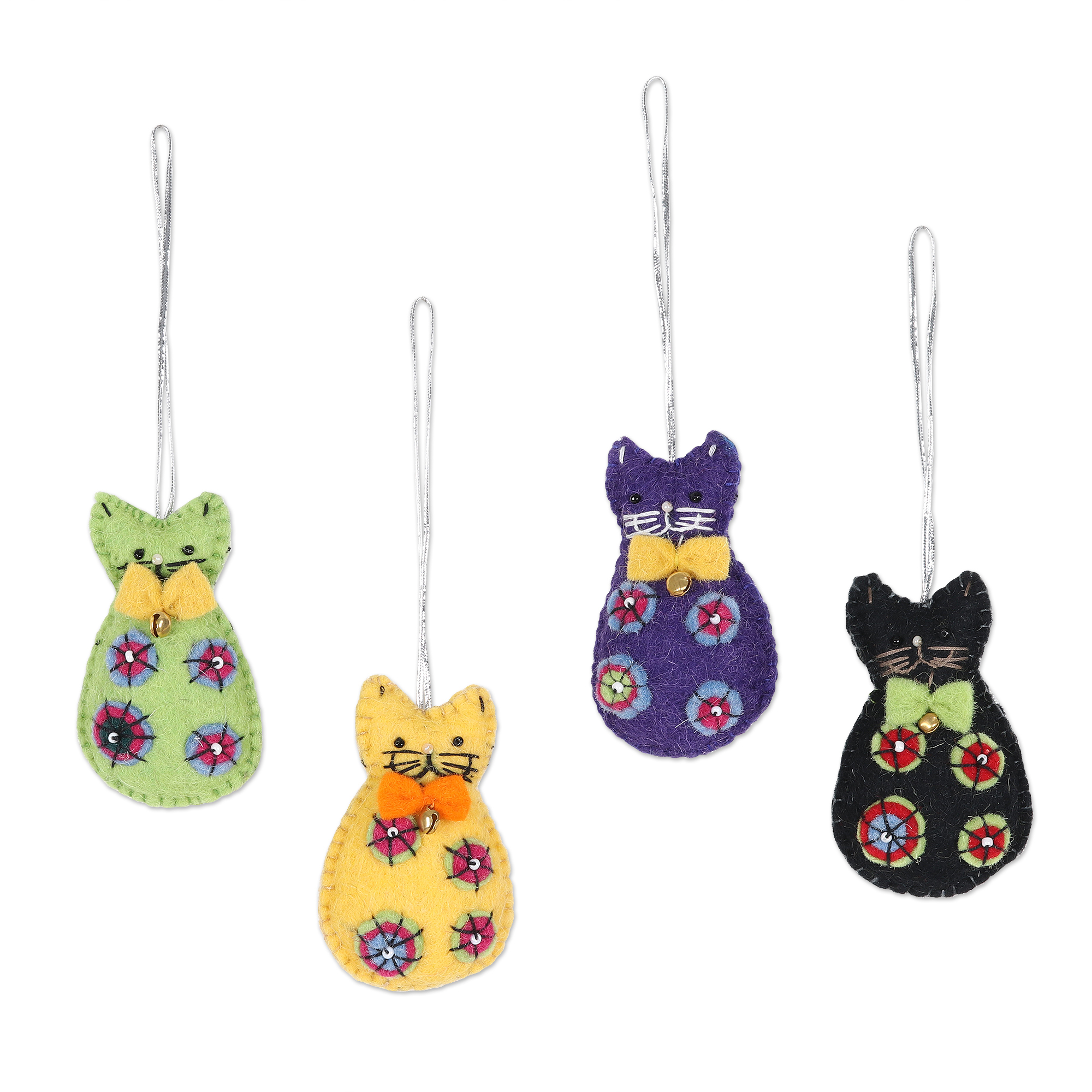 UNICEF Market | Set of 4 Colorful Cat Wool Felt Holiday Ornaments ...