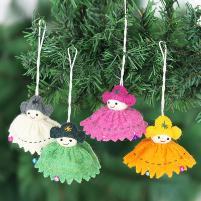 Wool felt ornaments, 'Holiday Dolls' (set of 4) - Wool Felt Doll Christmas Ornaments (Set of 4)