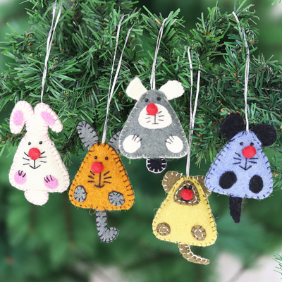 Wool felt ornaments, 'Mischievous Mice' (set of 5) - Set of 5 Mouse Rabbit Wool Felt Holiday Ornaments