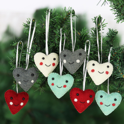 Wool felt ornaments, 'Smiling Hearts' (set of 8) - Assorted Colors Wool Felt Heart Ornaments (Set of 8)