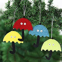 Wool felt ornaments, 'Eyes on the Weather' (set of 4) - Wool Felt Umbrella Ornaments with Eyes Set of 4