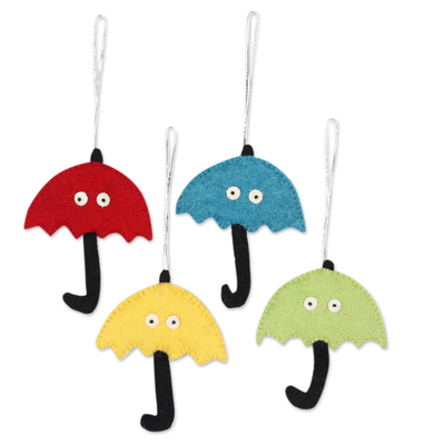 Wollfilz-Ornamente, (4er-Set) - Wollfilz-Regenschirmornamente mit Augen, 4er-Set