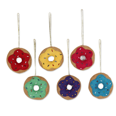 Wool felt ornaments, 'Sweet Sprinkles' (set of 6) - Handmade Wool Felt Doughnut Ornaments (Set of 6)