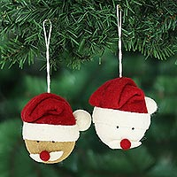 Wool felt ornaments, 'Santa Face' (pair) - Hand Crafted Wool Felt Santa Face Ornaments (Pair)