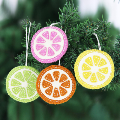 Wool ornaments, 'Citrus Passion' (set of 4) - Artisan Made Felted Christmas Tree Ornaments (Set of 4)