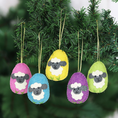 Wool felt ornaments, 'Sheepish Greetings' (set of 5) - Set of 5 Wool Felt Sheep Ornaments