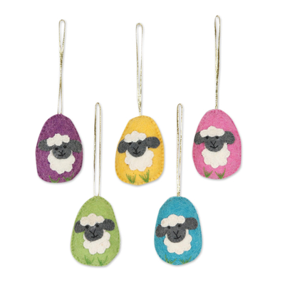 Wool felt ornaments, 'Sheepish Greetings' (set of 5) - Set of 5 Wool Felt Sheep Ornaments