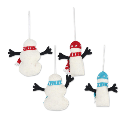 Wool ornaments, 'Snowman Greetings' (set of 4) - Hand Made Felted Snowman Christmas Tree Ornaments (Set of 4)