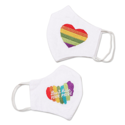 Embroidered cotton face masks, 'Rainbow Pride' (pair) - Rainbow Pride Themed Cotton Face Masks (Pair)