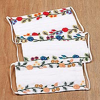 Embroidered cotton face masks, Rose Glory (set of 3)