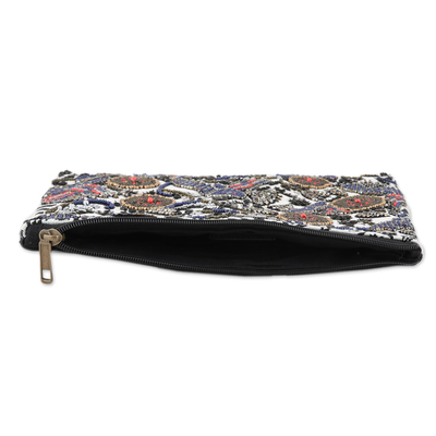 Beaded cotton clutch bag, 'Floral Glam' - Handmade Floral Cotton Clutch Bag