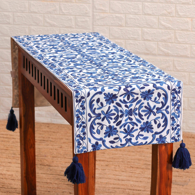 Chain stitched cotton table runner, 'Floral Charm' - Chain Stitched Cotton Floral Table Runner (16x63)