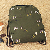 Cotton canvas backpack, 'Happy Owlets' - Artisan Crafted Cotton Canvas Backpack from Thailand