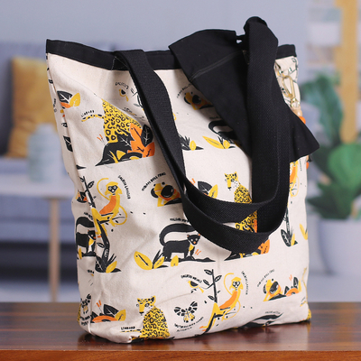 Cotton canvas tote bag, 'Jungle World' - Jungle Animals Cotton Canvas Tote Bag