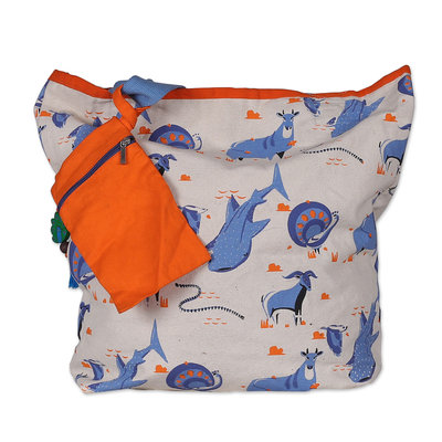 Cotton canvas tote bag, 'Blue Wilderness' - Wild Animals Cotton Canvas Tote Bag