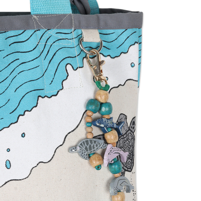 Cotton canvas tote bag, 'Turtle World' - Sea Turtle Print Cotton Canvas Tote Bag