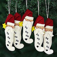 Wool felt ornaments, 'Stocking Santas' (set of 5) - Set of 5 Santa Stocking Wool Felt Ornaments