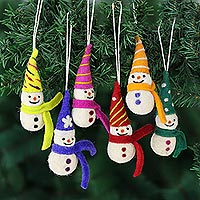 Wool felt ornaments, 'Silly Snowmen' (set of 6) - Set of 6 Silly Snowmen Wood Felt Ornaments
