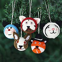 Wool felt ornaments, 'Meow-y Christmas' (set of 5)