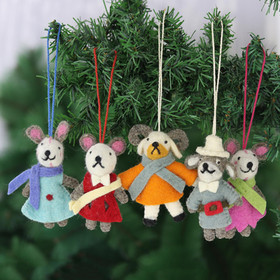 Wool felt ornaments, Caroling Bunnies (set of 5)
