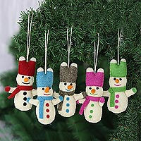 Wool felt ornaments, 'Snowbunnies' (set of 5)