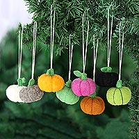 Wool felt ornaments, 'Dancing Pumpkins' (set of 8) - Set of 8 Colorful Wool Felt Pumpkin Ornaments