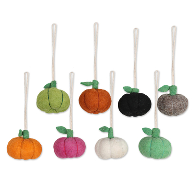 Wool felt ornaments, 'Dancing Pumpkins' (set of 8) - Set of 8 Colorful Wool Felt Pumpkin Ornaments