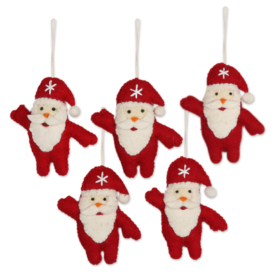 Wool felt ornaments, 'Santa Dance' (set of 5) - Set of 5 Wool Felt Santa Ornaments