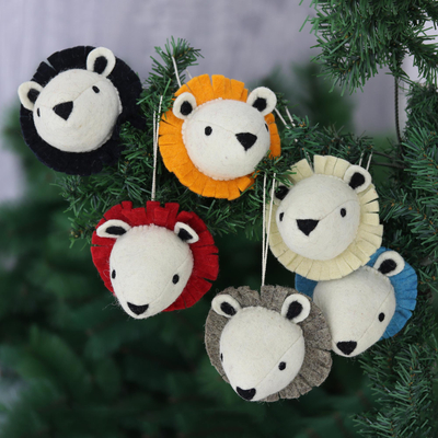 Wool felt ornaments, 'Jingle from the Jungle' (set of 6) - Set of 6 Felted Wool Lion Tree Ornaments