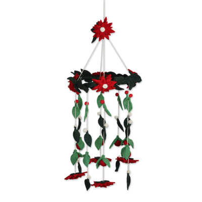 Wool felt hanging mobile, 'Silent Night' - Wool Felt Tiered Holiday Flower and Leaf Decoration