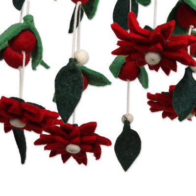 Wool felt hanging mobile, 'Silent Night' - Wool Felt Tiered Holiday Flower and Leaf Decoration