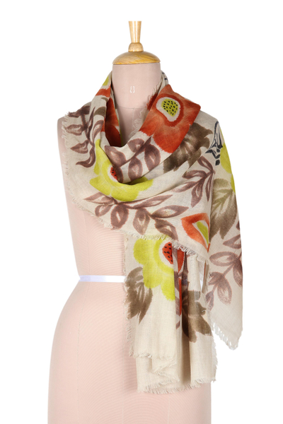 Wool shawl, 'Spring Rain' - Artisan Crafted Floral Wool Shawl from India