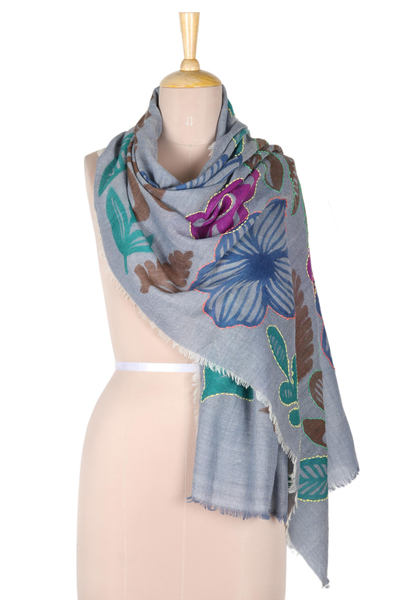 Wool shawl, 'Utopia' - Hand Made Floral Wool Shawl from India