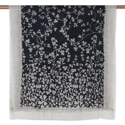 Wool shawl, 'Midnight Vines' - Handmade Floral Wool Shawl from India