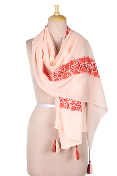Cotton shawl, 'Cherry Flowers' - Screen Printed Cotton Shawl from India
