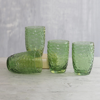 Glass tumblers, 'Bubble Up in Green' (set of 4) - Bubble Texture Glass Tumblers in Green (Set of 4)
