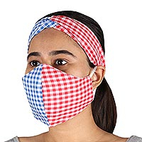 Cotton face mask accessory set, 'Fresh Checks' (3 pieces) - Coordinated Face Mask and Hair Accessory Set (3 Pieces)
