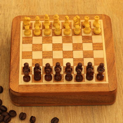 Wood travel chess set, 'Traveling with Royalty' - Hand Carved Wood Mini Travel Chess Set
