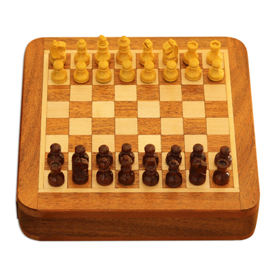 Hand Carved Wood Mini Travel Chess Set