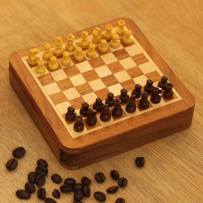 Wood travel chess set, 'Traveling with Royalty' - Hand Carved Wood Mini Travel Chess Set