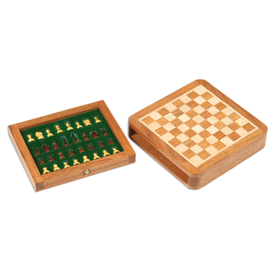 Reiseschachspiel aus Holz - Handgeschnitztes Mini-Reiseschachspiel aus Holz