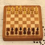Wood travel chess set, 'Idle Hours' - Hand Crafted Acacia and Haldu Wood Chess Set