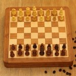 Wood travel chess set, 'Idle Hours' - Hand Crafted Acacia and Haldu Wood Chess Set