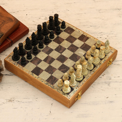 Soapstone chess set, 'Mughal Leisure' - Hand Carved Soapstone Chess Set