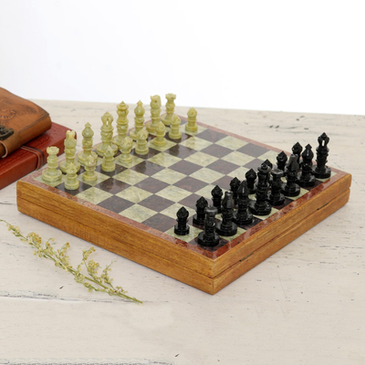 Soapstone chess set, 'Royal Charm' - Soapstone Self-Storing Chess Set from India