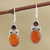 Garnet and carnelian dangle earrings, 'Charming Union' - Hand Crafted Garnet and Carnelian Gemstone Dangle Earrings